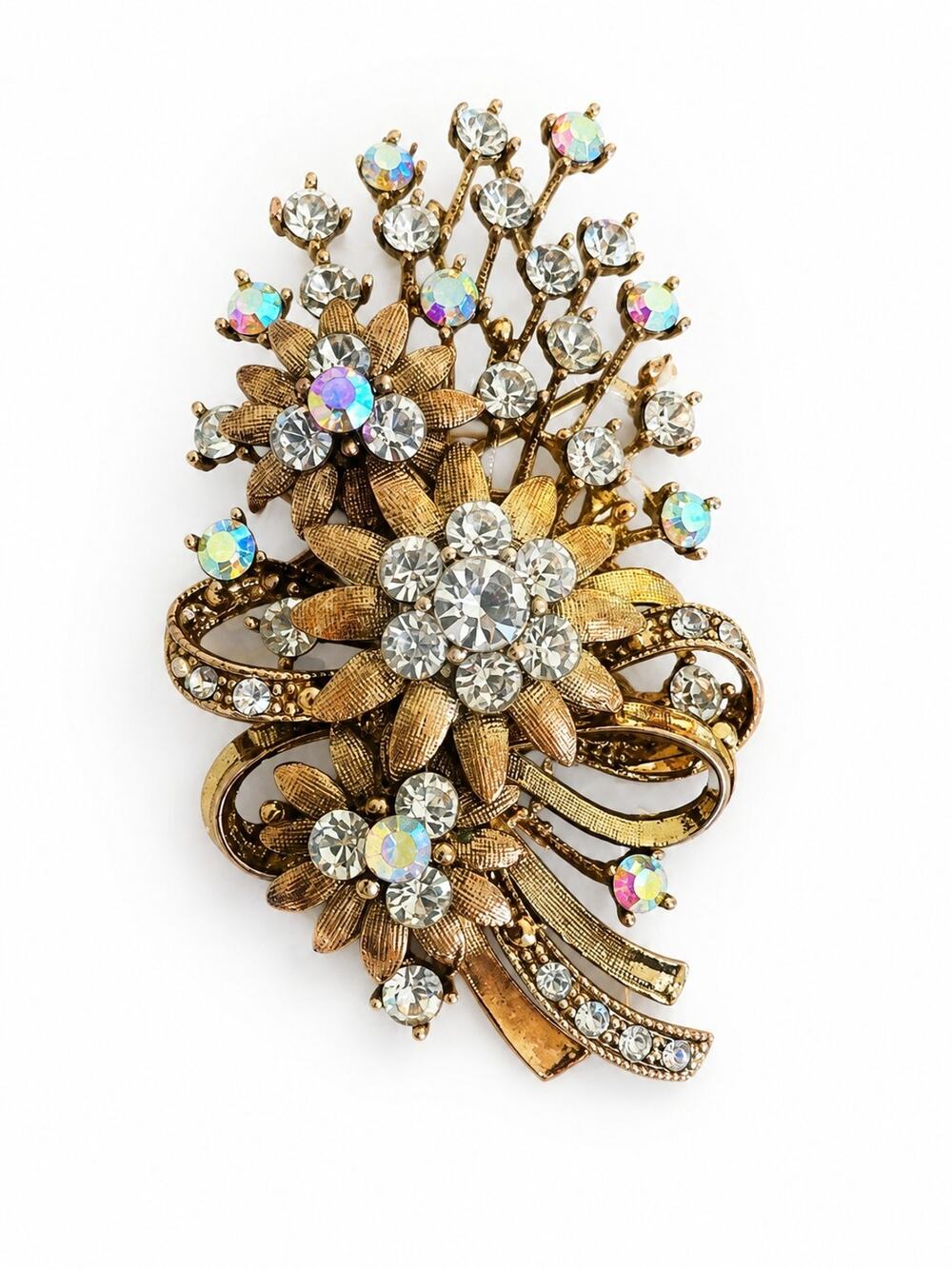 Vtg 1960s Unfoiled Aurora Borealis Rhinestone Floral Bow Spray Brooch Florentine